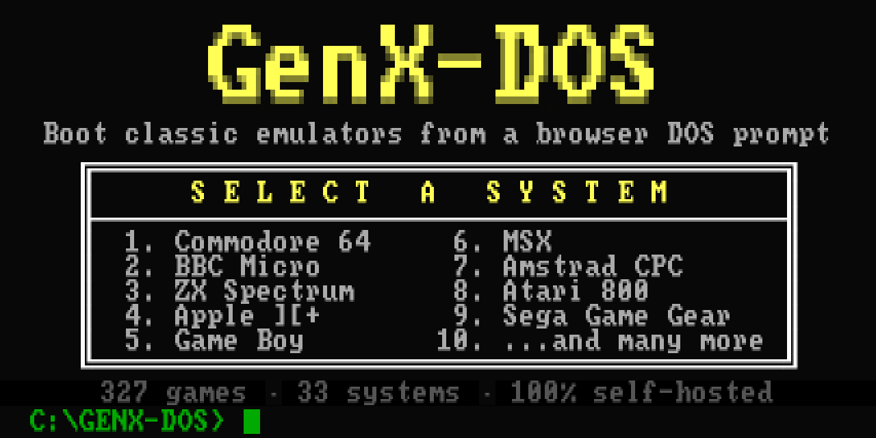 The GenX-DOS launcher: a SELECT A SYSTEM menu listing Commodore 64, BBC Micro, ZX Spectrum, Apple, Game Boy, MSX, Amstrad CPC, Atari 800, Sega Game Gear and more.