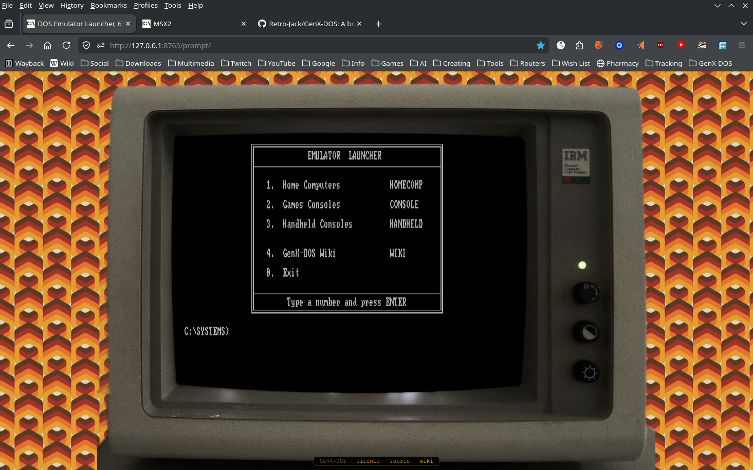 The GenX-DOS menu shown inside a photographed IBM 5153 CRT monitor on orange 70s wallpaper, in a browser tab.