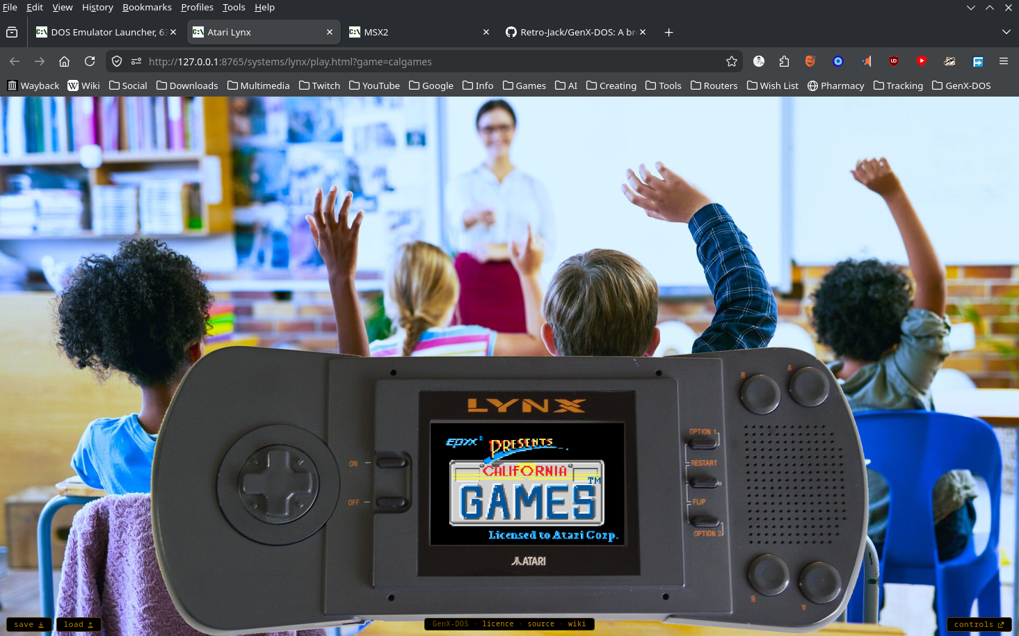 California Games booting on a photographed Atari Lynx handheld, held up in a browser tab.